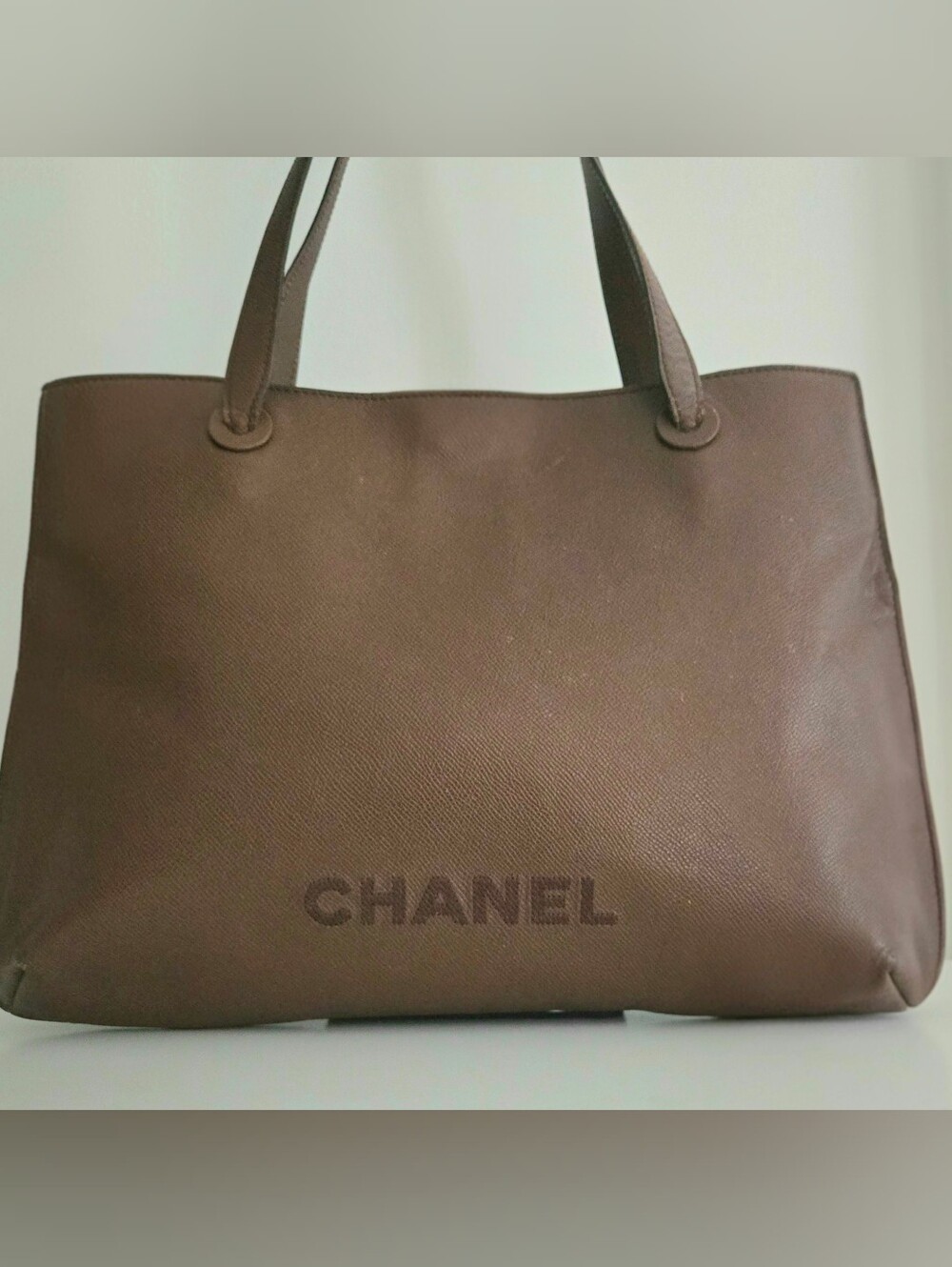 Authentic CHANEL Vintage Large 16.5” Brown Caviar Leather Logo Tote Bag